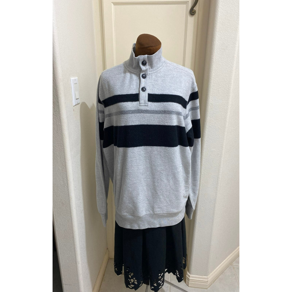 Chaps Men's Gray/Black Stripe 3 Button Henley Fleece Sweater. Size Large.